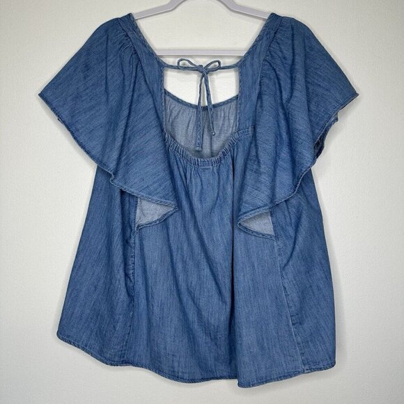 Old Navy Flutter Sleeve Jean Swing Top Size 2XL Blue Chambray Tie Back - Picture 2 of 10